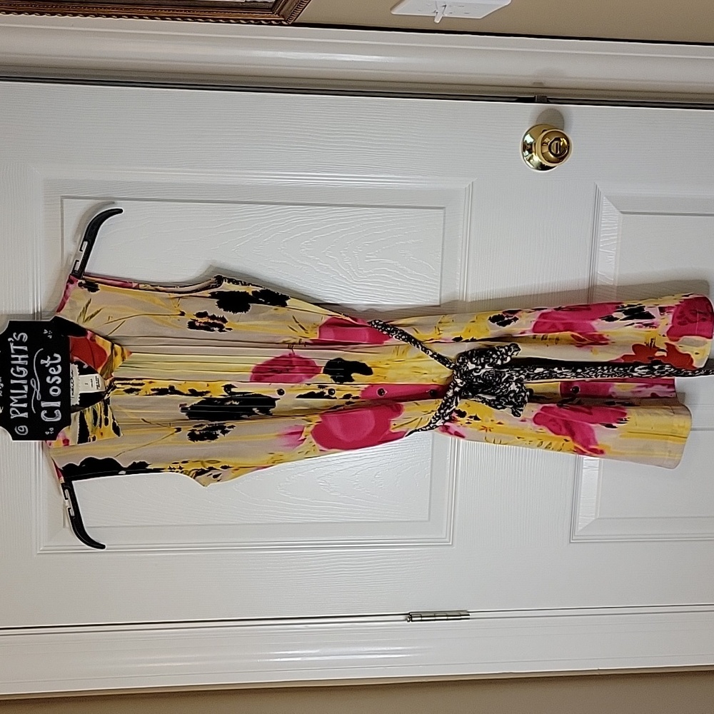 Tabitha Dress with Belt Size 2 Pink Black Yellow Tan Sleeveless Silk Ivo…